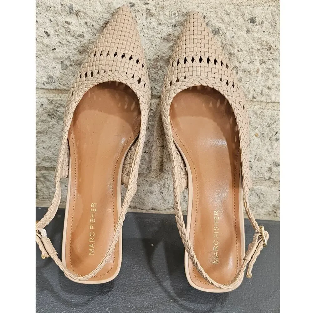 Marc Fisher Zunnie Block Heel Woven Leather Slingback Pump, Pointed Toe, Sz 8.5